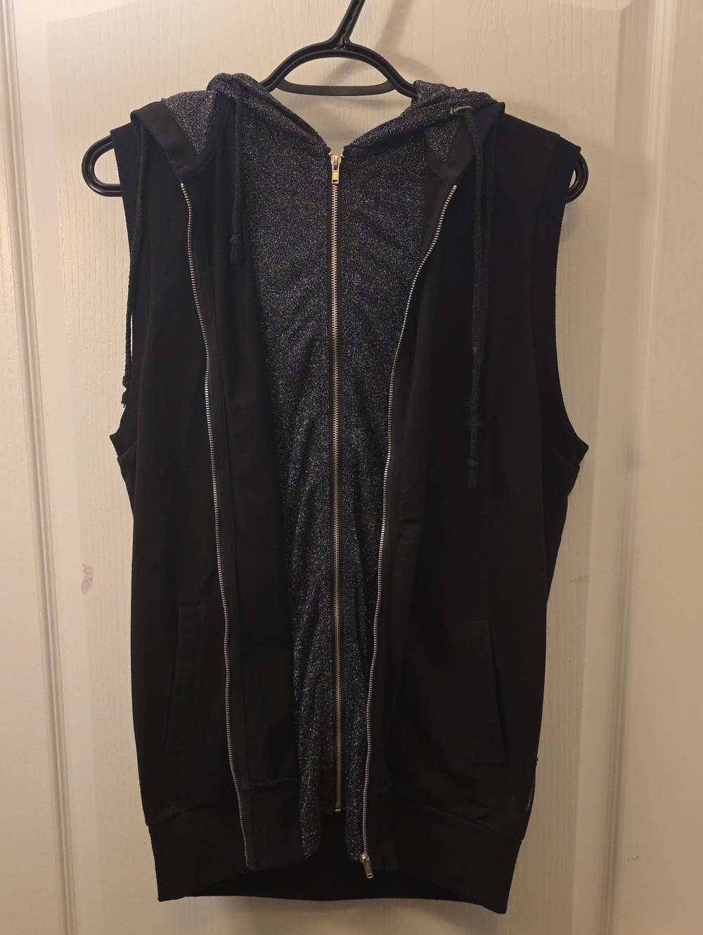 Sleeveless Hooded Zip-Front Jacket in Black with Metallic Lining